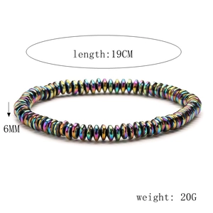 Rainbow magnetic hematite beaded bracelet 19cm length with 6mm thick disc beads detail