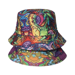 Retro ethnic style bucket hat with psychedelic art print and sun protection for outdoors