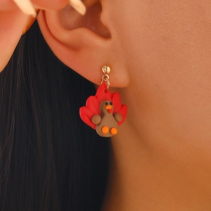 Handmade polymer clay turkey earrings with red feathers for Thanksgiving holiday jewelry