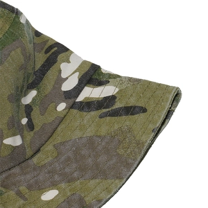 Detail showing reinforced parallel stitching on the brim of a camouflage bucket hat