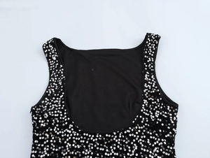 Detailed back view of sleeveless black sequin dress featuring silver embellishments