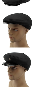 Detail view of winter newsboy caps with leather brim and vintage metal rivet decor