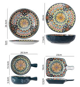 Detailed view of colorful mandala pattern ceramic plate and bowl set with dimensions