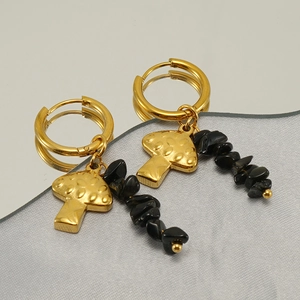 Fashionable gold mushroom hoops with natural black stone beads for women's elegant style