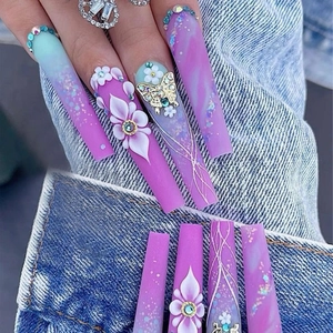 Extra-long coffin press-on nails with purple gradient, 3D white flowers and gold butterfly