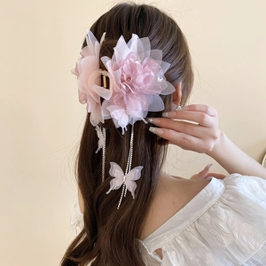 Molletta Per Capelli In Pizzo Rosa Con Fiori Farfalla Lunghe Nappine Strass Eleganti Accessori Per Donne