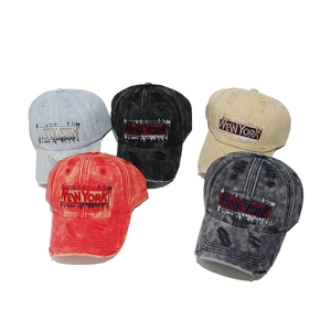 Five vintage washed cotton baseball caps with New York embroidery in assorted colors