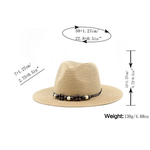 Detailed size specifications for the khaki woven panama hat with bead trim