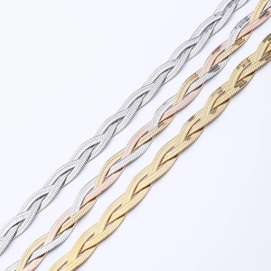 Three-layer braided stainless steel snake chain bracelet in silver, gold, and rose gold