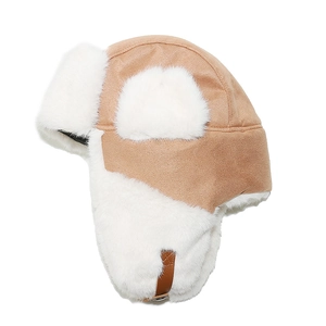 Khaki faux suede ushanka hat with thick white plush lining and adjustable ear flaps