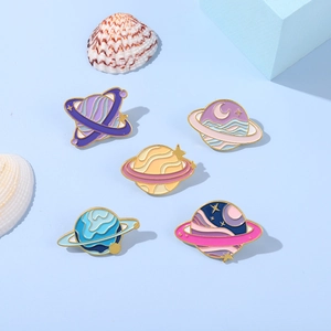 5-piece cartoon space planet enamel pins set with colorful planetary designs for clothing
