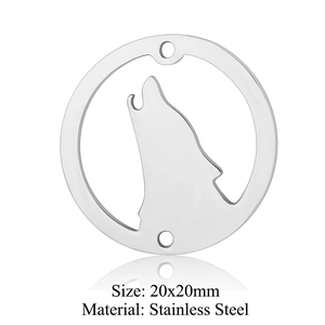 Detailed macro of a circular stainless steel wolf charm with size and material labels
