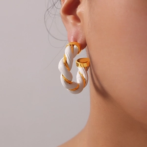 British style vintage geometric C-shaped hoop earrings with gold metal and white leather twist