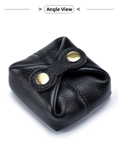 Black soft leather mini coin purse with vintage gold snap buttons and folding design