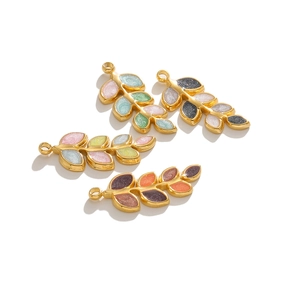 Golden leaf-shaped stainless steel charms with glitter oil-drip finish for DIY jewelry