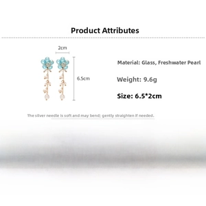 Detailed size specifications for blue crystal flower earrings with pearl tassels