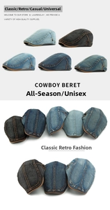Detail view of denim beret hats in light, medium, dark blue and black grey wash tones
