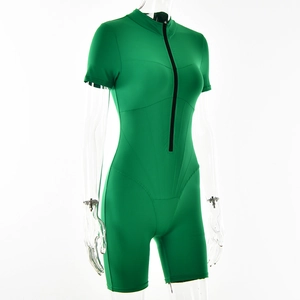 Detail of green ribbed short sleeve bodysuit featuring front zipper and elastic fit
