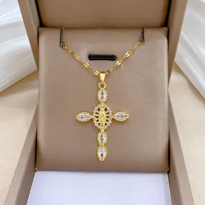 Virgin Mary Cross Pendant Necklace Gold Plated Stainless Steel Chain Copper Zircon Religious Jewelry For Women