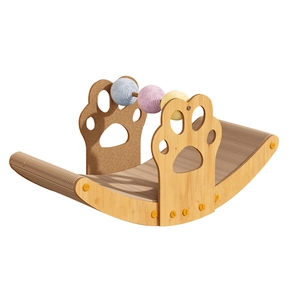 Boat-shaped cardboard cat scratcher bed with arched scratching pad and colorful toy balls