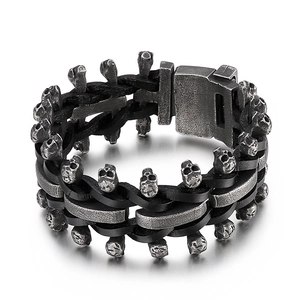Black leather punk skull bracelet with vintage stainless steel multi-layer woven band