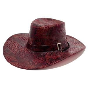 Vintage dark red western cowboy hat with embossed leather texture and silver buckle