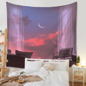 Detail of high-definition digital print tapestry showing a crescent moon and purple sunset