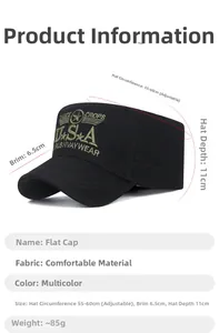 Detaillierte Größenangaben für Vintage Military Flat Top Cap mit USA Stickerei Details