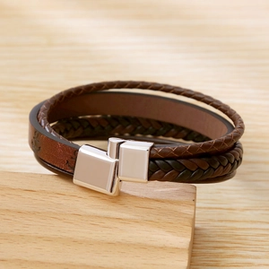 Handmade brown braided leather multilayer bracelet with vintage silver alloy clasp