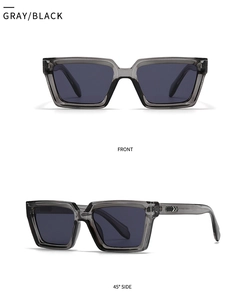Front and 45-degree side views of classic rectangular sunglasses in gray and black