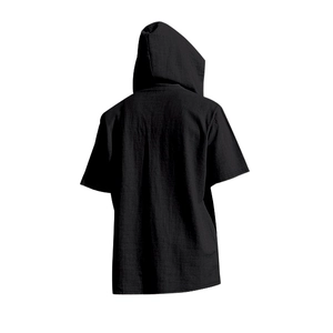 Back view of a black hooded linen shirt showing fabric texture and hoodie structure