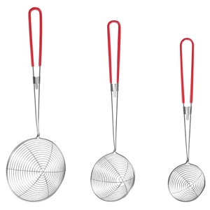 Set of 3 stainless steel skimmer spoons with red handles in different sizes for cooking