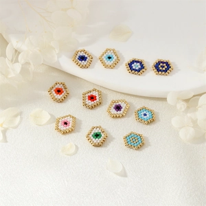 Handmade evil eye beaded stud earrings in colorful hexagonal frames for women
