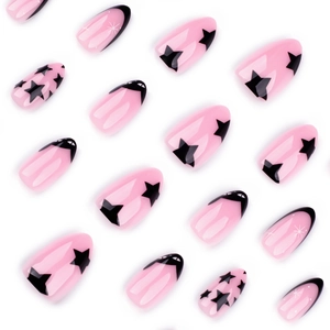 Pink almond press-on nails with black stars and French tips pattern layout