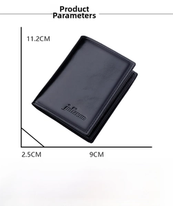 Detailed view of men's vertical wallet with dimensions 11.2x9x2.5cm and card slots