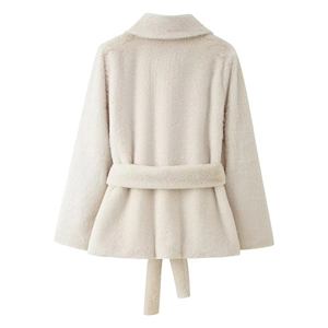 Women's cream faux fur coat with matching waist belt shown from back view