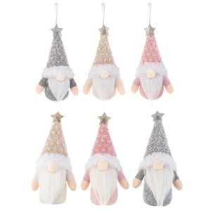 Knitted faceless Christmas gnome ornaments in grey beige and pink with star hats