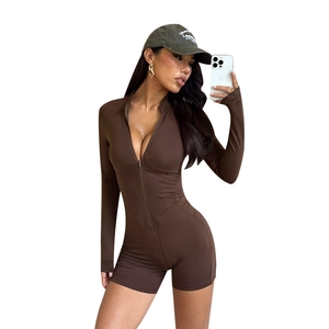 Slim fit deep brown long sleeve zip romper for women with a stand collar design