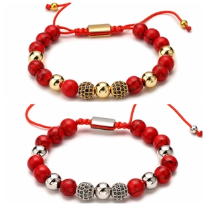Handmade red stone beaded bracelet with adjustable red woven rope and zircon metal charm