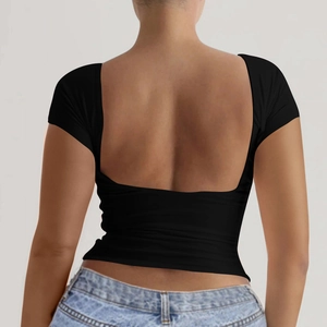 T-Shirt Dos Nu Femme Viscose Élasthanne Manches Courtes Col Rond Coupe Ajustée Sexy Couleur Unie Y2K Top Été