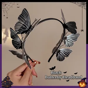 Gothic black butterfly headband for Halloween cosplay with 3D realistic flutter butterflies