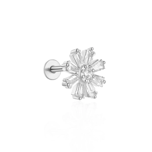 Close-up of s925 silver flat back labret stud with flower-shaped clear zircon stones