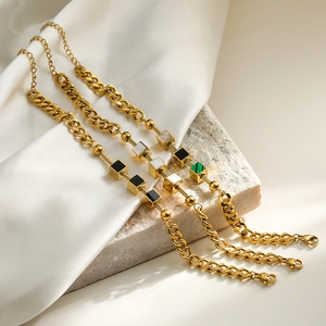 Stainless Steel Bracelet Women Geometric Square Cube Shell Inlay Cuban Snake Chain Splicing Adjustable Fashion Jewelry