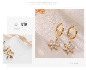 Detailed close-up of golden sunflower earrings featuring inlaid white zircon crystals