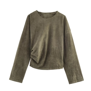 Damen Wildlederimitat Langarm Ruched Top Und Ballonhose Mit D-Ring Gürtel Streetwear Casual Herbst Outfits