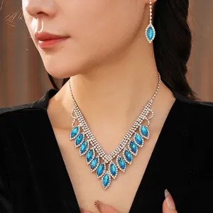 Elegant blue crystal water drop jewelry set with necklace and matching earrings