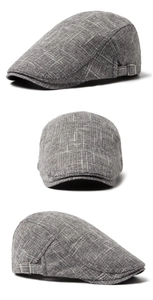 Detailed views of grey linen flat cap showing breathable texture and adjustable side buckle