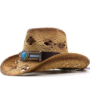 Chapeau De Cowboy Occidentale Paille Tressée Ajouré Respirant Large Bord Avec Bande Cuir Turquoise Style Bohème Ethnique