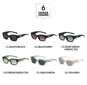 Matrix display of six retro square sunglasses colors including black, grey, green, and tea