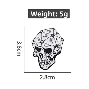Skull with D20 dice enamel pin punk style badge, dimensions 3.8x2.8cm, weight 5g